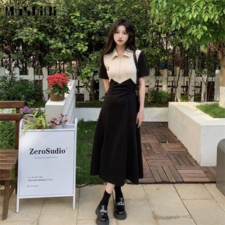 Mushiqi Đầm Cổ POLO Xẻ Tà Phối Màu Tương Phản Thời Trang Cho Nữ