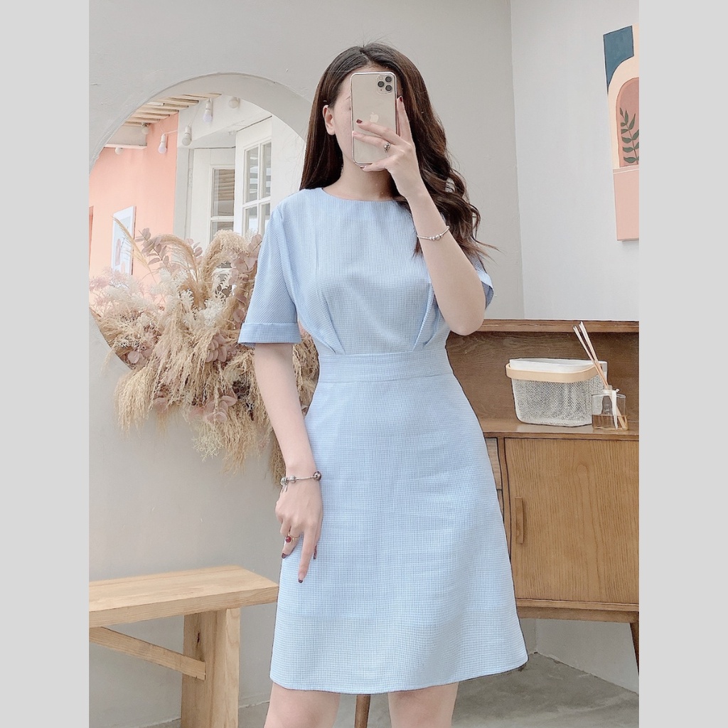 Váy kẻ xanh Sammie Dress, Váy chữ A kẻ xanh sơ mi cotton tôn dáng cho nàng công sở, du lịch