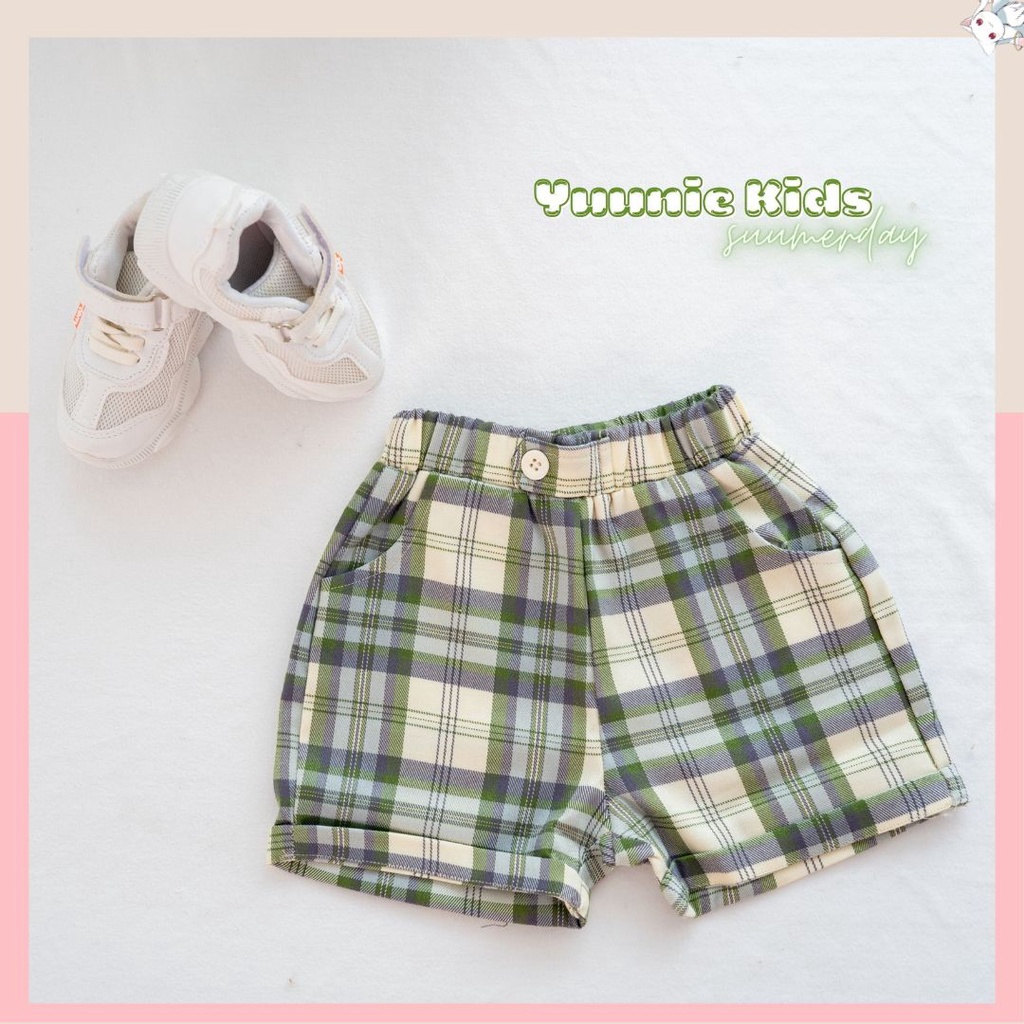Quần short bé trai, bé gái YUUNIE caro phối kẻ vintage, chất liệu thô mát năng động cho bé