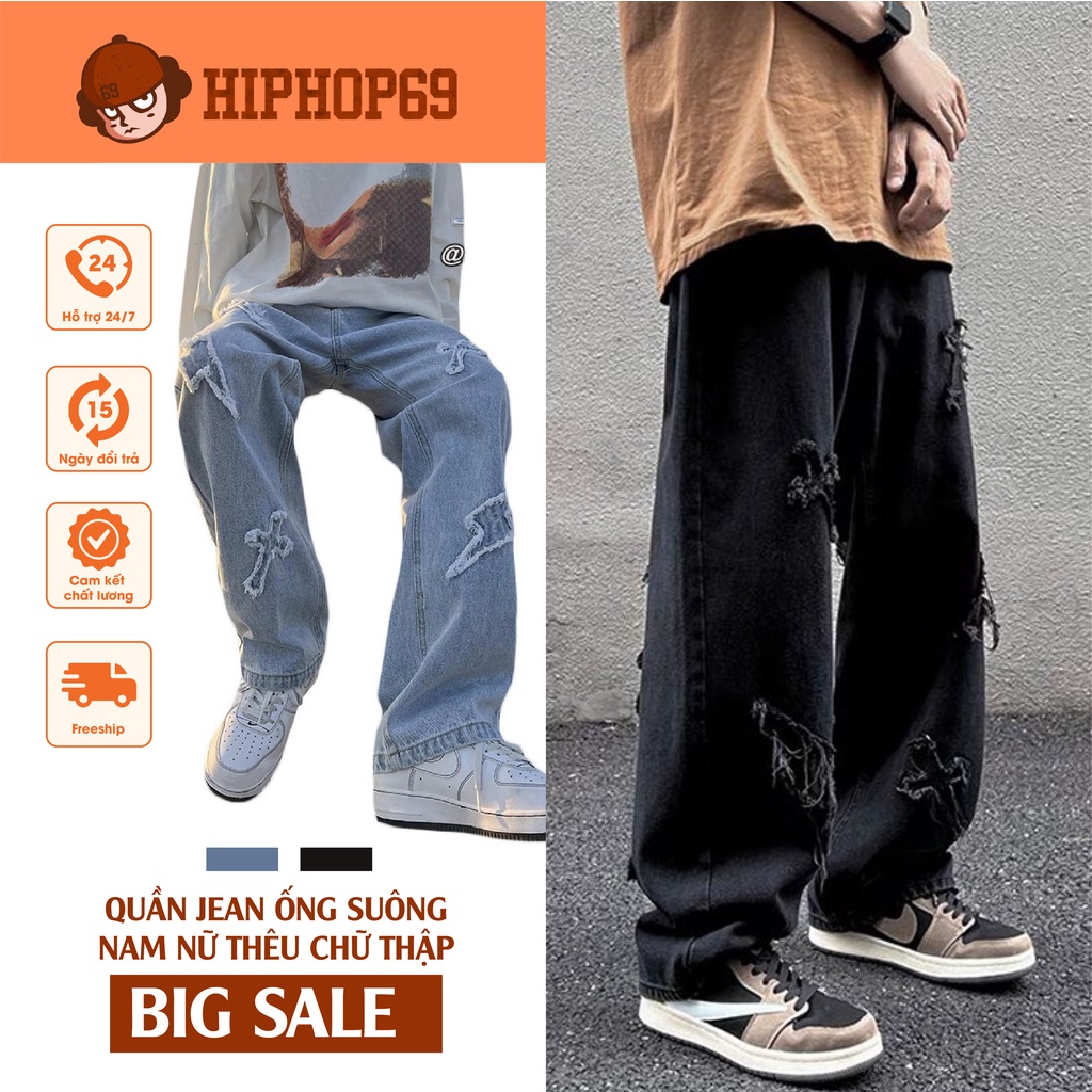 Quần jean ống suông nam nữ phong cách quần ống rộng hiphop đường phố hongkong Q007 | BigBuy360 - bigbuy360.vn