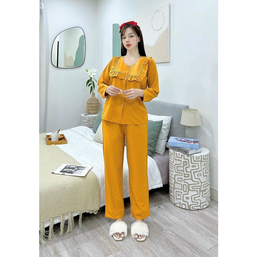 Bộ  bộ pijama cổ bèo tiểu thư, cột nơ họa tiết bò sữa