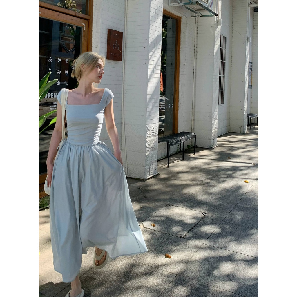 Đầm Dáng Dài Cổ Vuông Lưng Cao Thời Trang Mùa Hè Hàng Mới 2022 Dành Cho Bạn Nữ