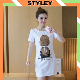 Áo phông nữ form rộng họa tiết cute dễ thương, Áo thun nữ dáng dài giấu quần chất cotton mềm mại STYLEY T003