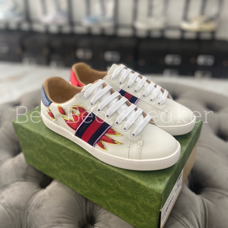 Giày thể thao GG 3 vạch 𝐆𝐮𝐜𝐜𝐢 ACE Lửa Trắng , giày GC Flame/Fire lửa trắng đỏ cao cấp - Ảnh thật
