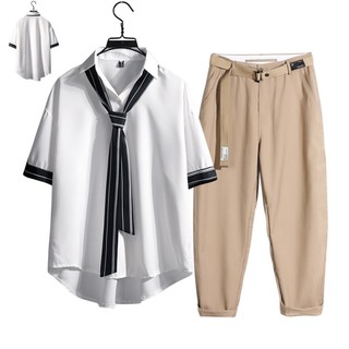 Combo áo sơ mi ngắn tay phối cà vạt kết hợp quần tây âu sozo store - somi 015 + jogger 066