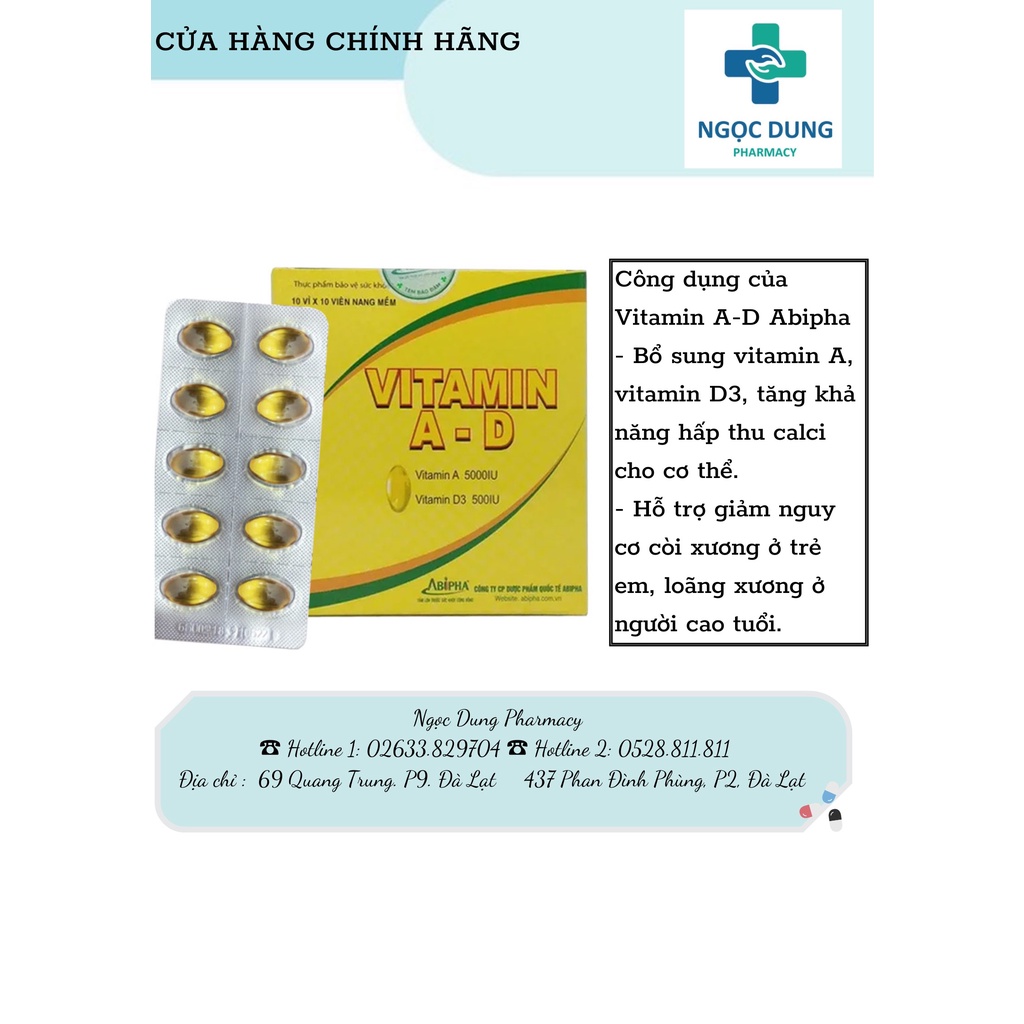 Viên uống bổ sung Vitamin A-D Abipha hộp 10 vỉ x 10 viên