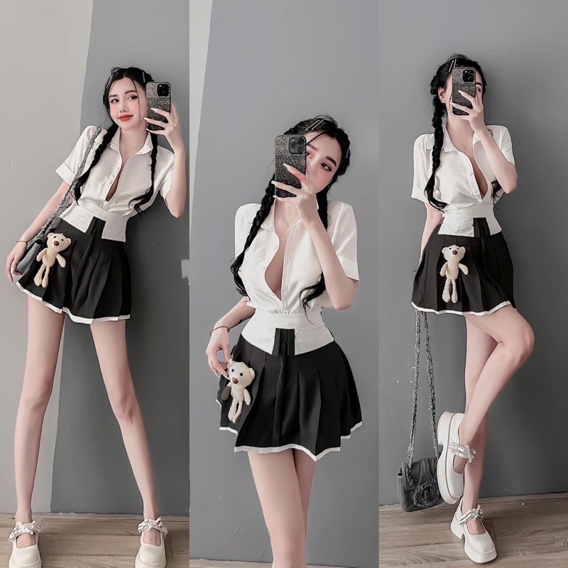 set sơ mi chân váy kèm gấu 55-95kg