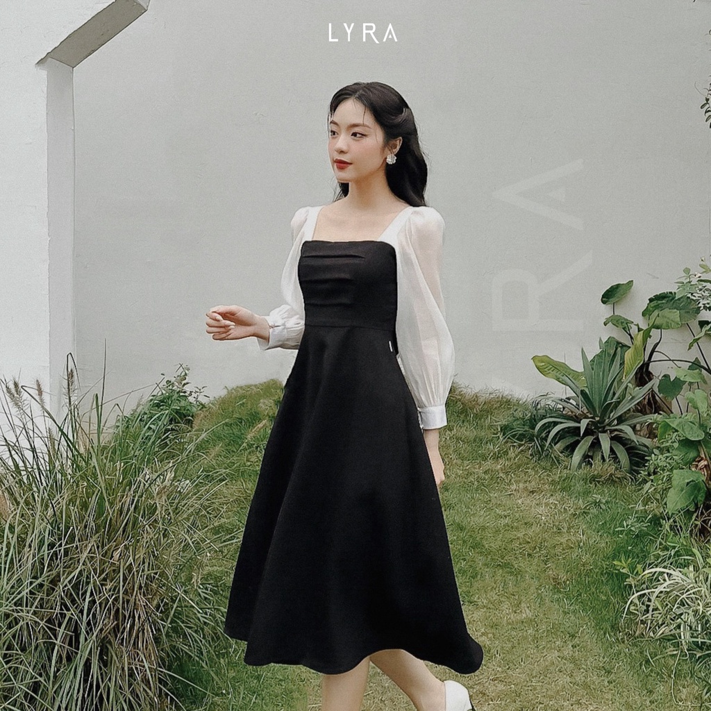 Váy tuyết Hàn phối tơ óng thiết kế by LYRA dáng dài cổ vuông sang chảnh, nữ tính-LWTVD381