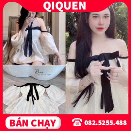 Set Áo Trễ Vai Bèo Tiểu Thư Cột Nơ Kèm Chân Váy Hàng QCCC CC07