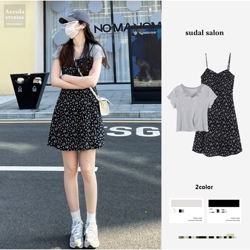 (Order) Set váy yếm hoa nhí màu đen hai dây xòe ngắn+ áo thun cộc tay style Hàn Quốc trẻ trung (hàng_hè_mới)