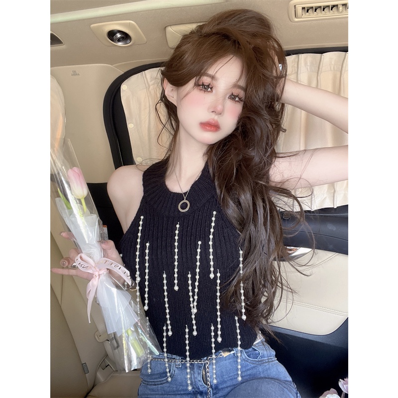 QADCOL Áo Dệt Kim Sát Nách Phối Dây Xích Đính Hạt Ngọc Trai Thời Trang Xuân Hè Cho Nữ
