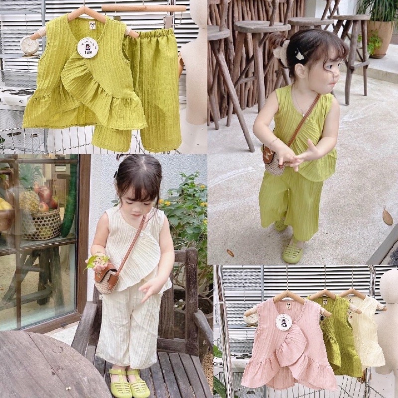 Set đồ bé gái áo bèo quần ống xuông, đồ bộ bé gái mặc đi biển đi chơi
