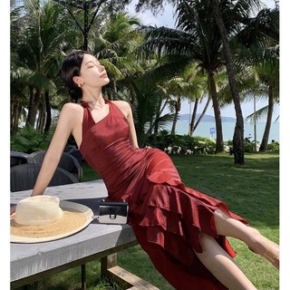 Đầm body tơ nhũ cổ yếm xẻ tà vạt bèo đỏ rượu
