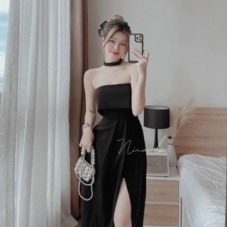 Đầm nữ dáng xoè cúp ngực xẻ đùi sexy kèm dây cổ Hai màu Đen-Đỏ ( có mút ngực, có lót, có dây cổ ) -  gs100295