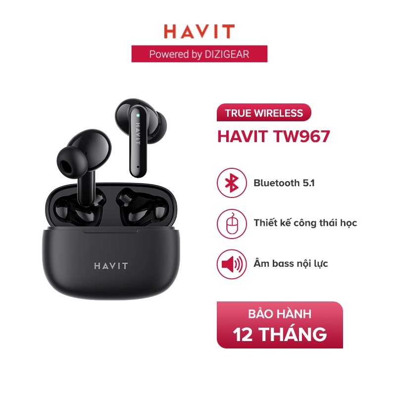 Tai Nghe TWS Havit TW967 BT 5.1, Thiết Kế Công Thái Học, Driver 10mm, Nghe Nhạc Đến 5H - Hàng Chính Hãng