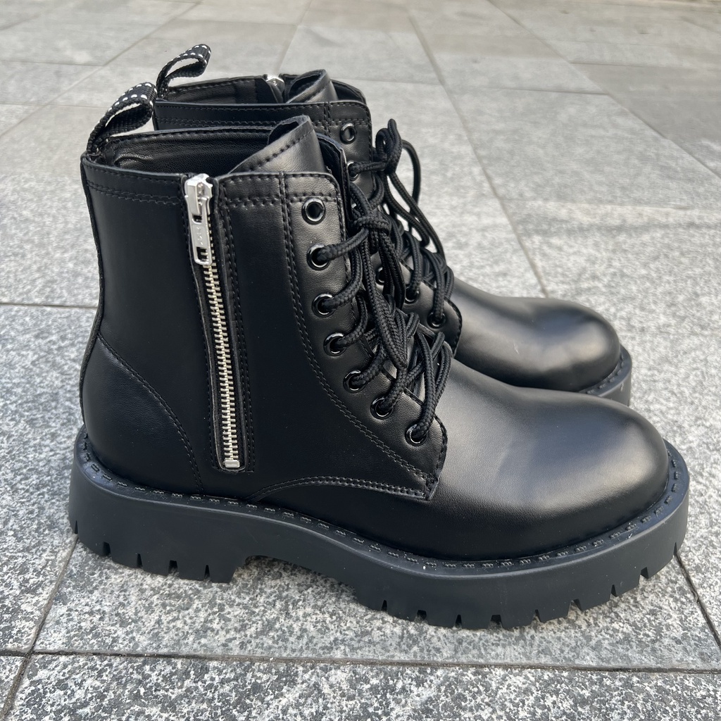 Giày đốc nam cổ cao buộc dây kết hợp khóa Giày combat boot chunky đế cao su đúc cao 5cm tăng chiều mã d14