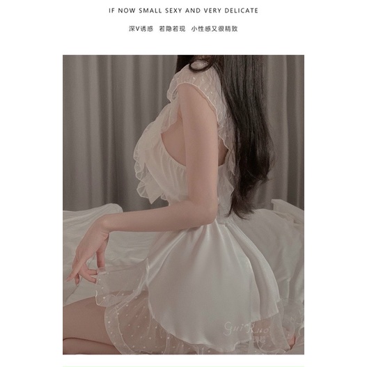 Váy lụa ngủ phối ren cổ V sexy