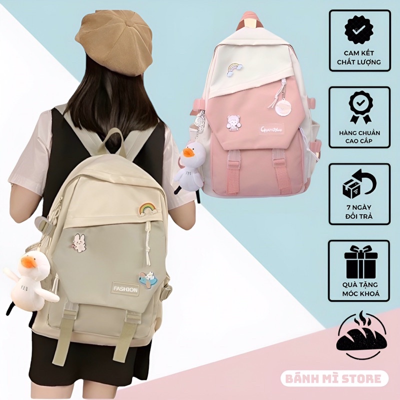 Balo Nữ Thời Trang Quảng Châu Phối Màu Pastel Chất Vải Chống Thấm | Bánh Mì Store |(Tặng Móc Vịt Và 3 Sticker)