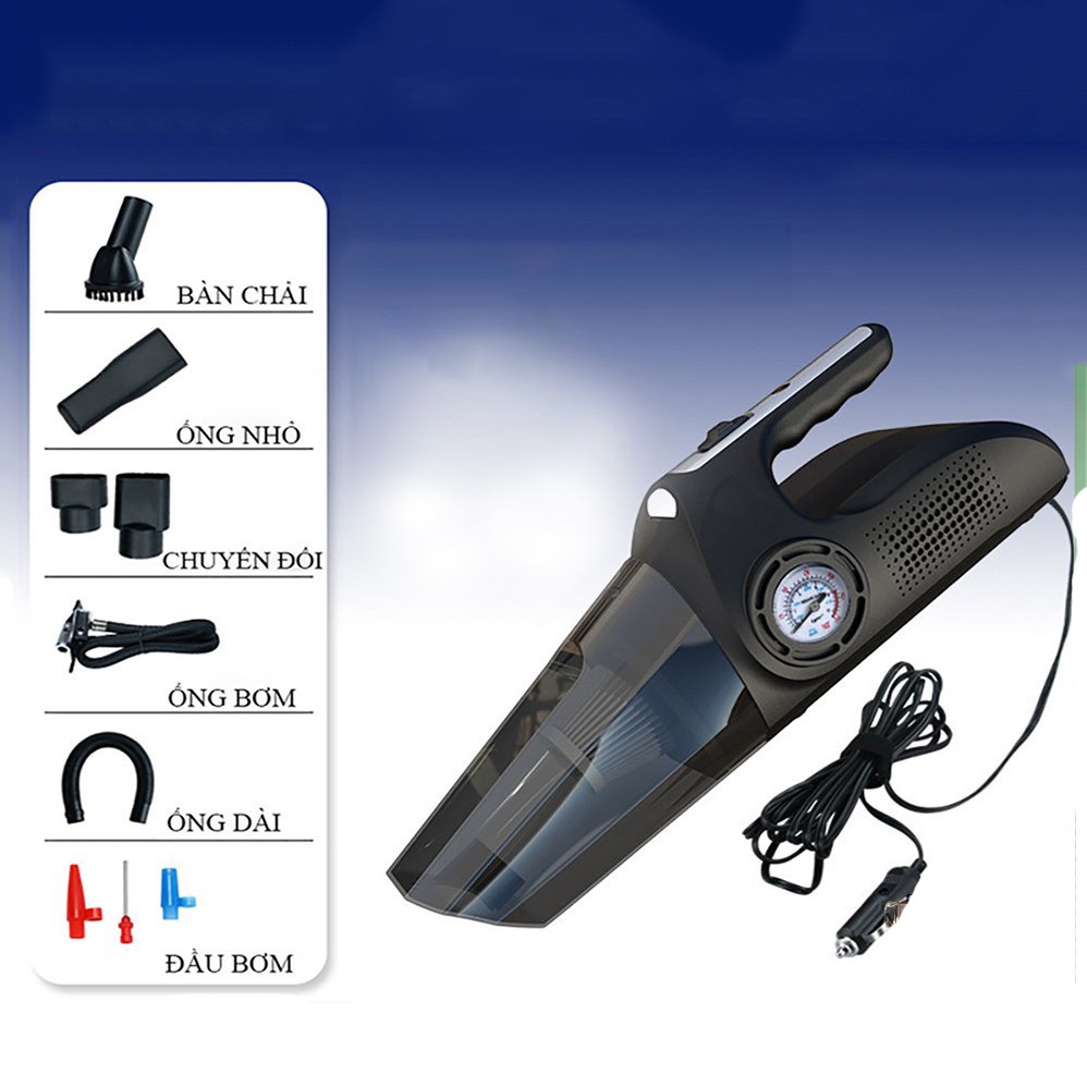 Máy hút bụi cầm tay đa năng 4N1 kiêm Hút bụi, Bơm Lốp Ô Tô , Đo Áp Suất Lốp, Đèn Pin Chiếu Sáng 4 trong 1-Hàng ChínHãng