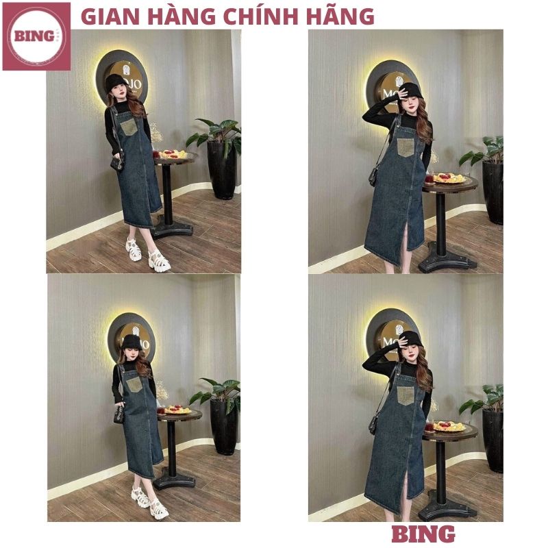 Yếm váy bò dáng dài xẻ trước túi lật dây chỉnh độ dài trẻ trung, Quần yếm jean xanh phối túi phong cách hàn quốc - BING