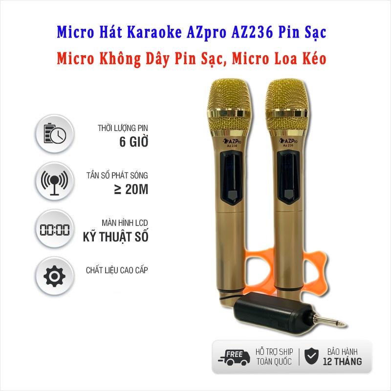 Micro Hát Karaoke AZpro AZ 236 Pin Sạc, Micro Không Dây Pin Sạc, Micro Loa Kéo - Mẫu Mới 2023, Dàn Âm Thanh Amply