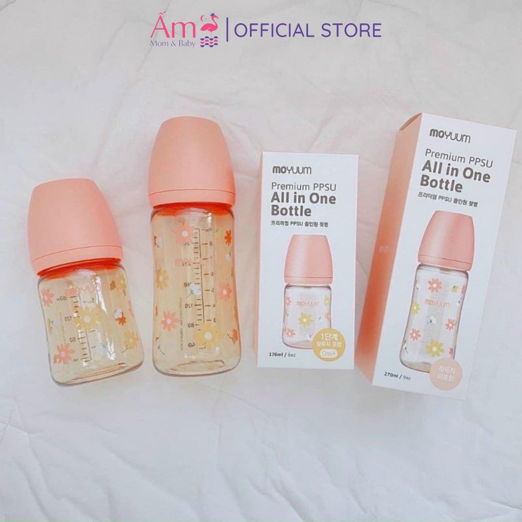 Bình Sữa Moyuum Nội Địa Hàn Quốc Hoa Cúc PP Bởi Ấm Baby Nhựa PPSU Núm Silicon Siêu Mềm Cho Bé 170ml/ 270ml Ấm Gift Decor