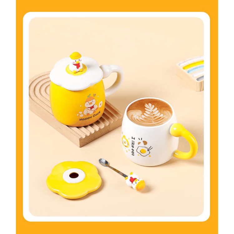 Ly cốc sứ có nắp hình chú vịt vàng đáng yêu dễ thương kèm thìa inox 400ml
