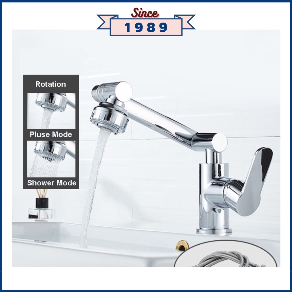 Vòi lavabo, chậu rửa mặt nóng lạnh Inox 304 xoay 720 độ,8 hướng xoay linh hoạt màu bạc tặng dây cấp nước - VR063B2