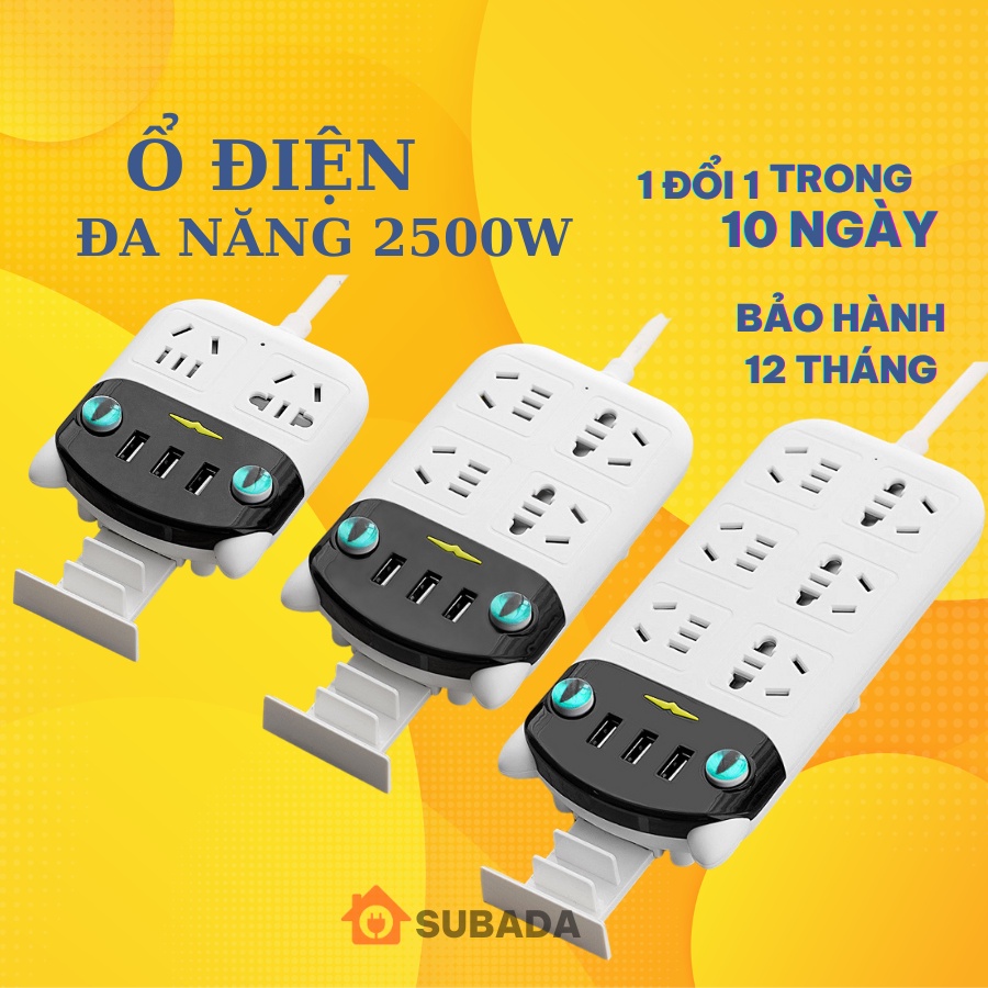 Ổ điện thông minh đa năng SuBaDa tai mèo 2500W có cổng sạc usb và gá để điện thoại chống giật chịu nhiệt an toàn OD06