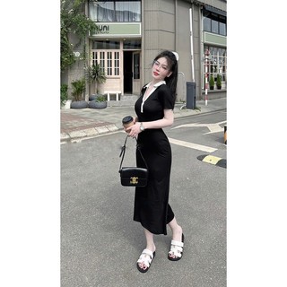 B871- VÁY SUÔNG ĐEN KẺ CỔ V