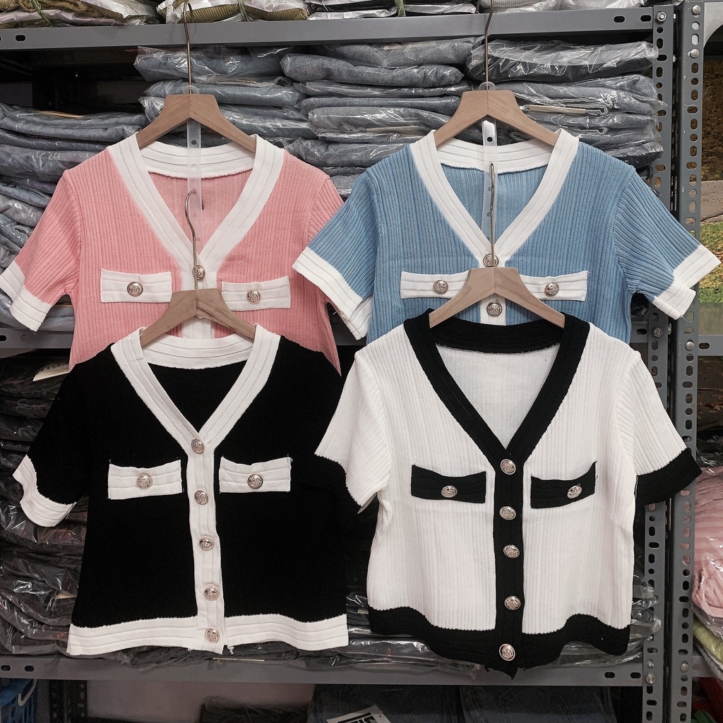 Bingshopvn Áo cardigan len dệt kim cao cấp phối khuy cổ tim tay ngắn form ôm thời trang cho nữ