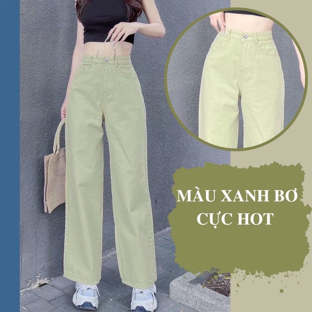Quần Kaki Nữ Ống Rộng Lưng Cao Dáng Suông, Quần Kaki Jean Trơn Màu Xanh Bơ Beoduky