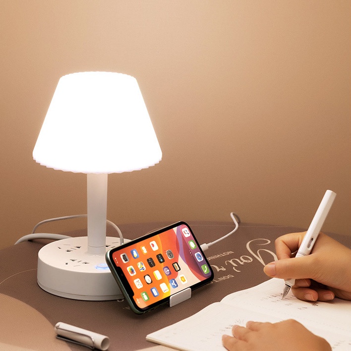 Đèn ngủ để bàn hình nấm tích hợp ổ cắm đa năng, sac USB, type C, giá đỡ điện thoại thông minh tiện dụng Ráp