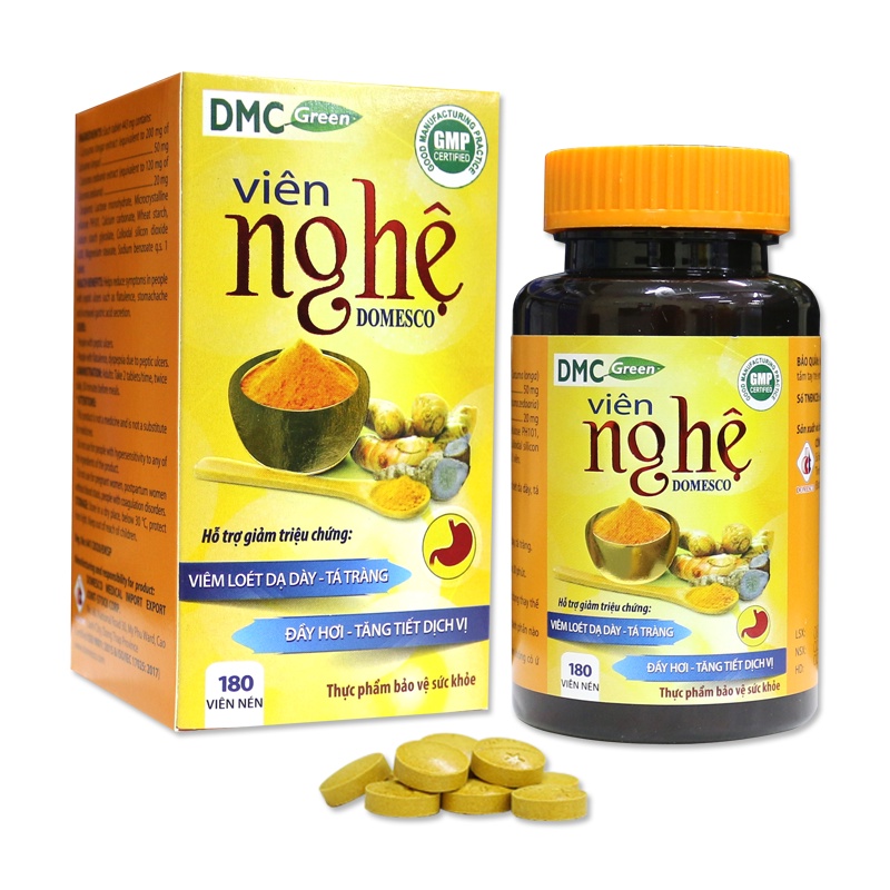 Viên nghệ DOMESCO Chai 180 viên - Hỗ trợ chứng đầy hơi, khó tiêu do viêm loét dạ dày, tá tràng