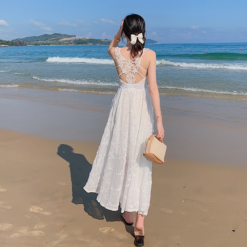 Váy bãi biển Bali, Thái Lan, váy trắng, váy hở lưng, váy dài gầy, quần áo bán buôn, nguồn trực tiếp của phụ n