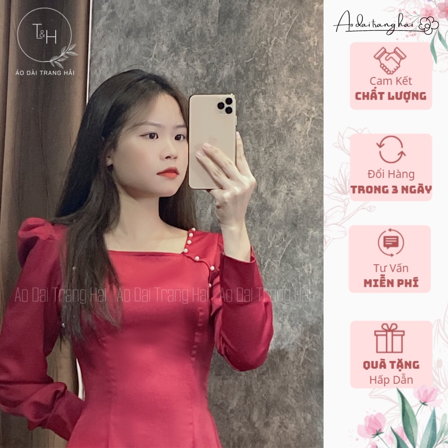 Áo dài cách tân cổ vuông tay bồng đính hạt-Trang Hải