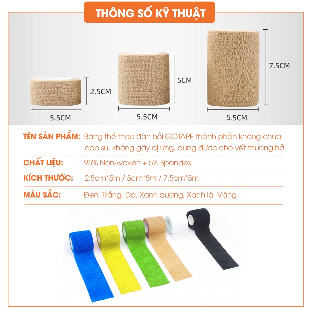 Băng thể thao đàn hồi GOTAPE thành phần không chứa cao su, không gây dị ứng, dùng được cho vết thương hở, y tế