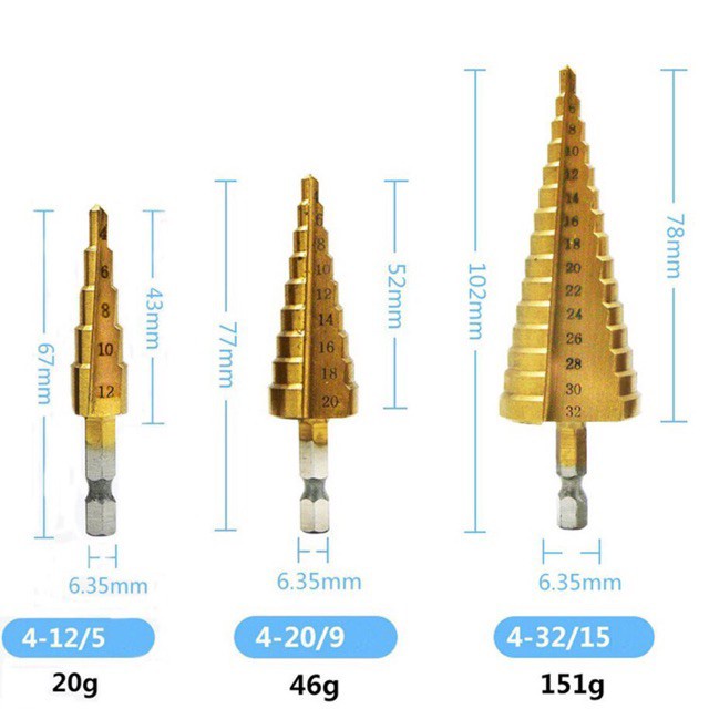 Bộ 3 Mũi Khoan Tháp Đa Năng, Chất liệu Titan Cao Cấp Từ 4-32mm