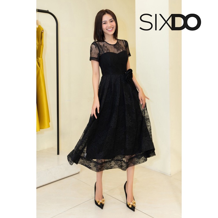 Đầm ren ngắn tay thời trang SIXDO (Black Midi Lace Dress In The Show)