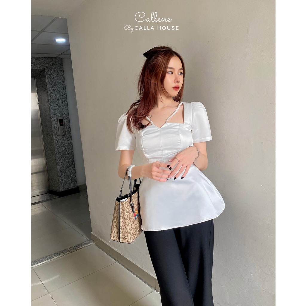 Áo kiểu Peplum thiết kế tay ngắn phồng dây chéo cổ V tiểu thư sang trọng Callene (L1670)