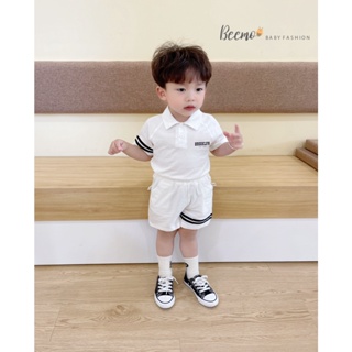 Set bộ quần áo Beemo cổ đức kẻ tay in chữ trước ngực chất liệu cotton mặc