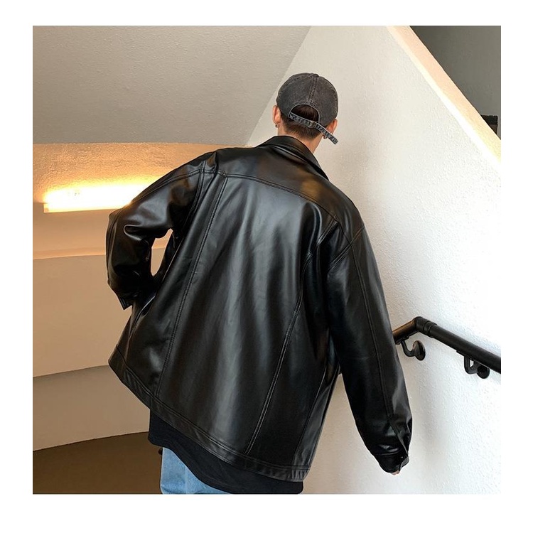 Áo Khoác Da Dáng Rộng Phối Túi Lớn Thời Trang Xuân Thu Cho Nam