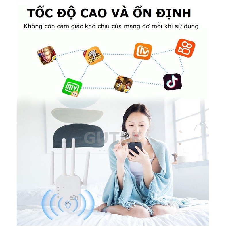 Bộ kích sóng wifi 4 râu Gutek KS1 tốc độ 300mbps 1200mbps phát xuyên tường kết nối xa sóng mạnh