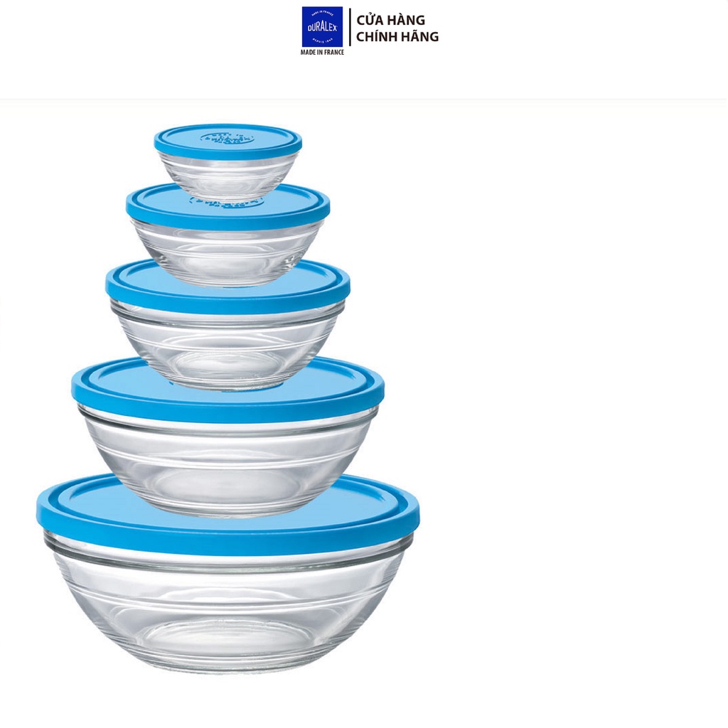 Bộ Hộp thực phẩm D9072A Duralex - Freshbox nắp tròn xanh Blue 5 size Thủy tinh cường lực Pháp