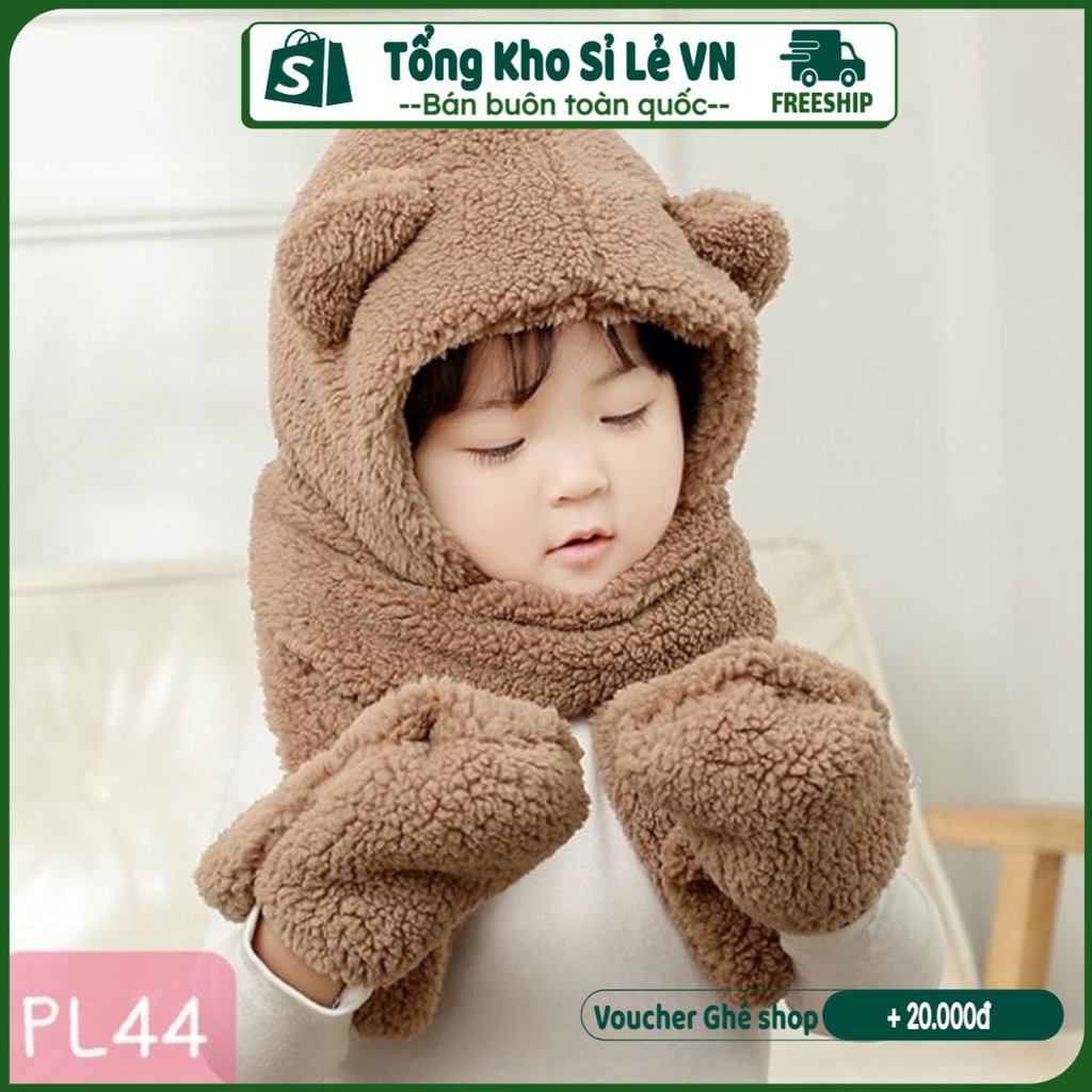 Mũ len trùm đầu tai gấu liền khăn cổ giữ ấm kèm găng tay chồng gió lạnh mùa đông hàng Quảng Châu T2 9