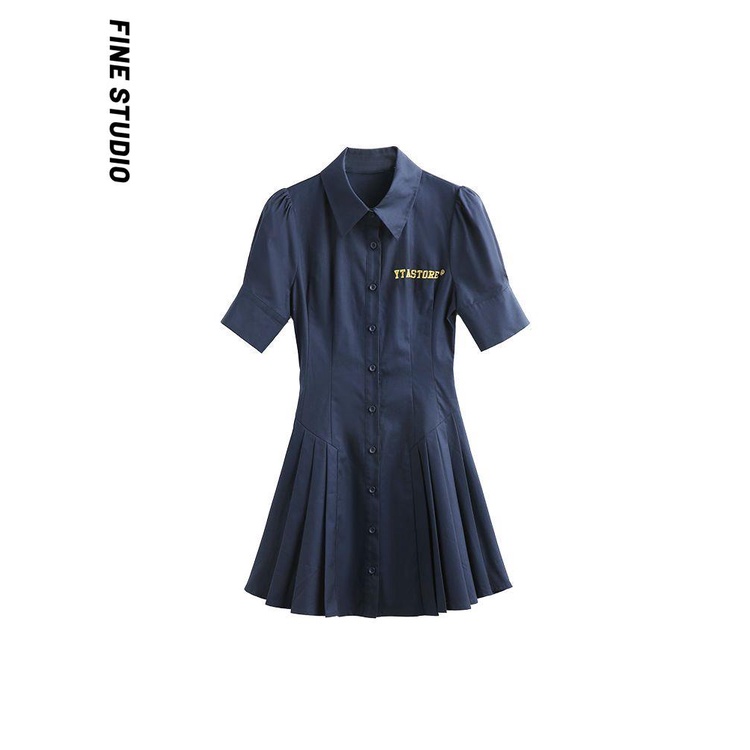 Fine Studio Váy Chữ a Xếp Ly Cài Nút Tay Ngắn Ôm Eo Phong Cách Preppy Mùa Hè Cho Nữ