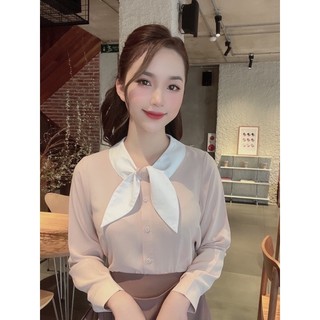 Áo sơ mi lụa cổ nơ phối màu thiết kế
