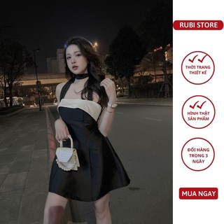 V276 - Đầm thiết kế RUBI STORE quây ngực chất tafta phối màu đen trắng cổ dây sang chảnh