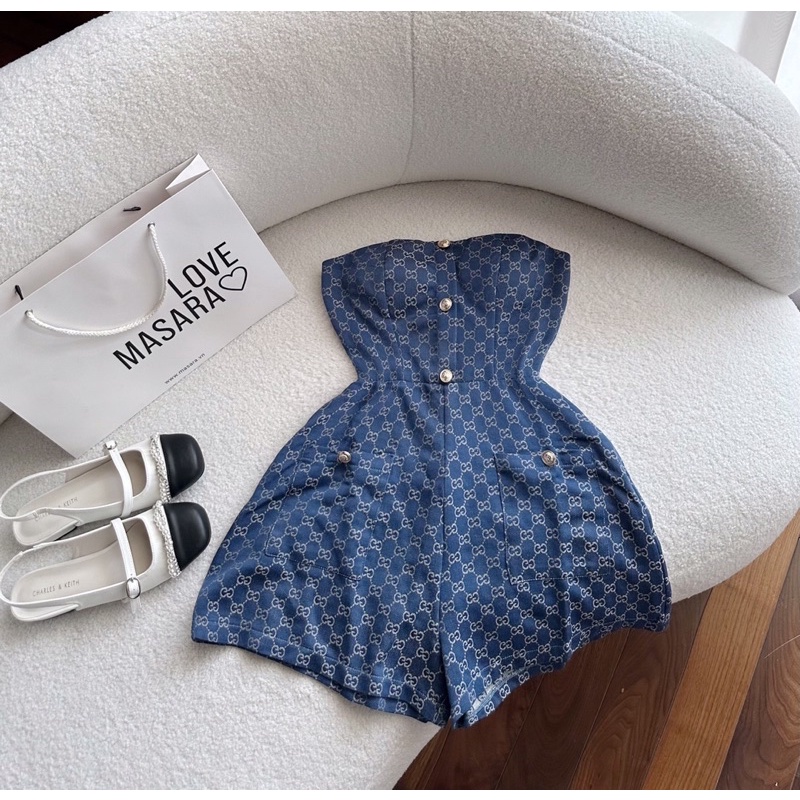 Jumpsuit ống cúp xanh hoạ tiết