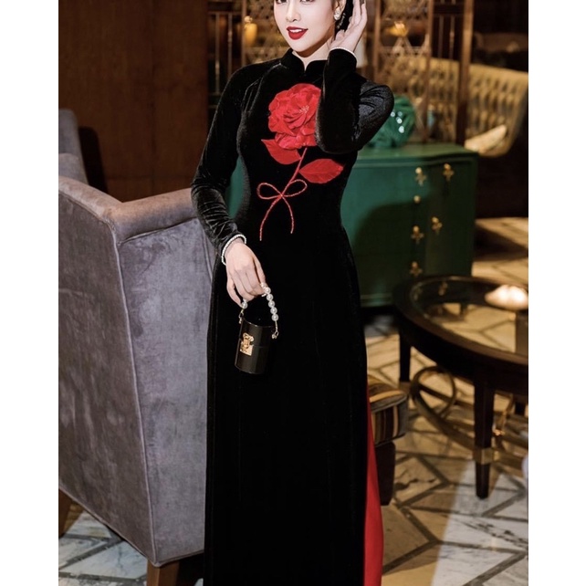 ÁO DÀI TRUNG NIÊN NHUNG KẾT HOA THỦ CÔNG CAO CẤP ÁO DÀI BÀ VÀ MẸ